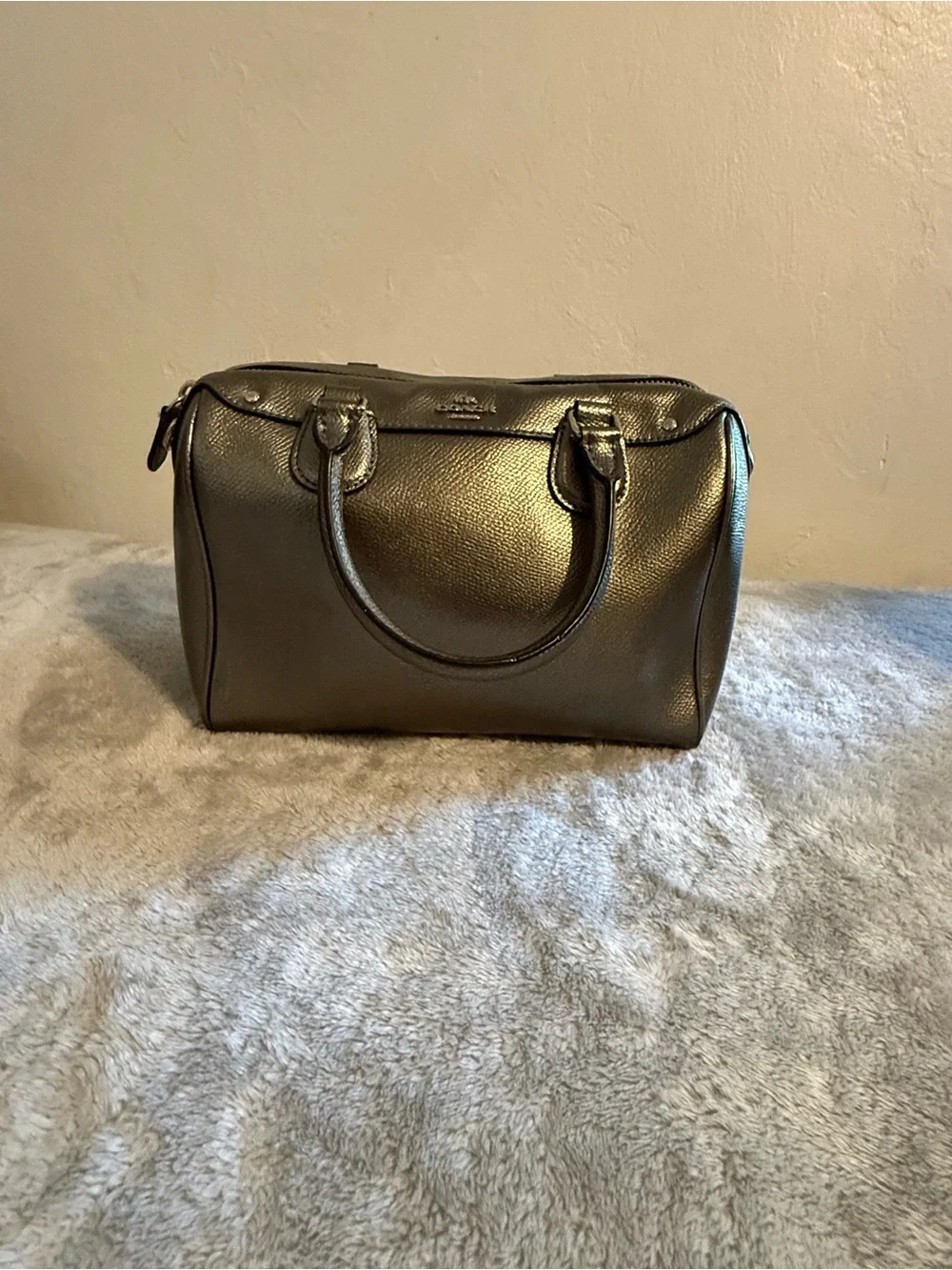 Coach Metallic Pewter Leather Satchel with Crossbody Strap